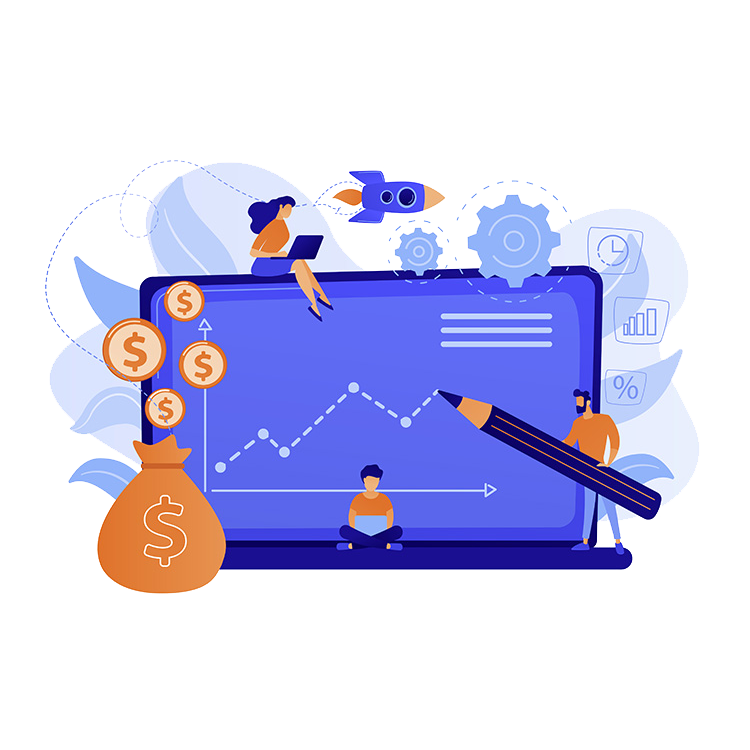 Team analyzing fundraising data and growth strategy using digital tools, charts, and financial planning icons.jpg