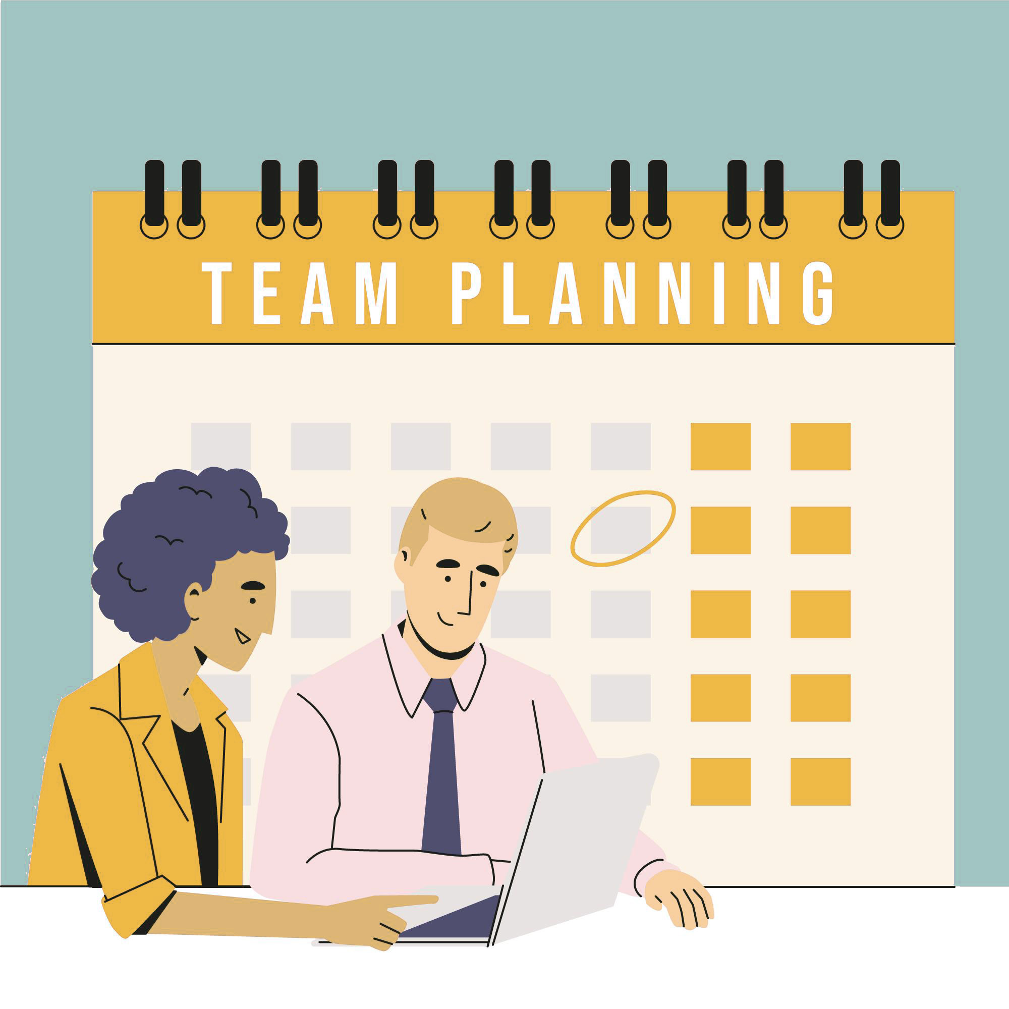 Two professionals collaborating in front of a team planning calendar while organizing an event schedule on a laptop.jpg
