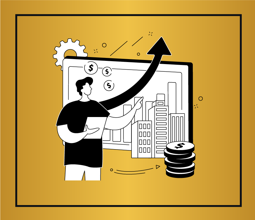 Fundraising consultant analyzing growth strategy with upward financial chart, dollar signs, and business development icons.jpg