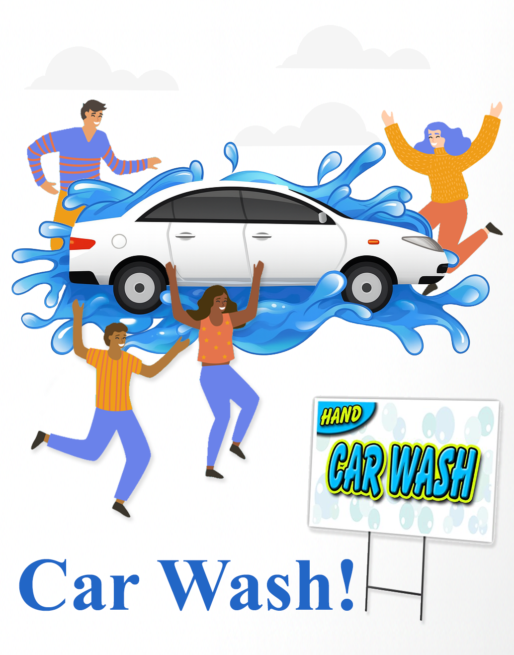 Energetic Car Wash Challenge poster with volunteers washing a car, water splashes, and a hand car wash sign promoting a fun community fundraiser.jpg