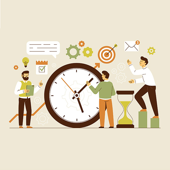 Team working together on strategic planning with time management, goal setting, and productivity tools represented by gears, a clock, and target icons.jpg