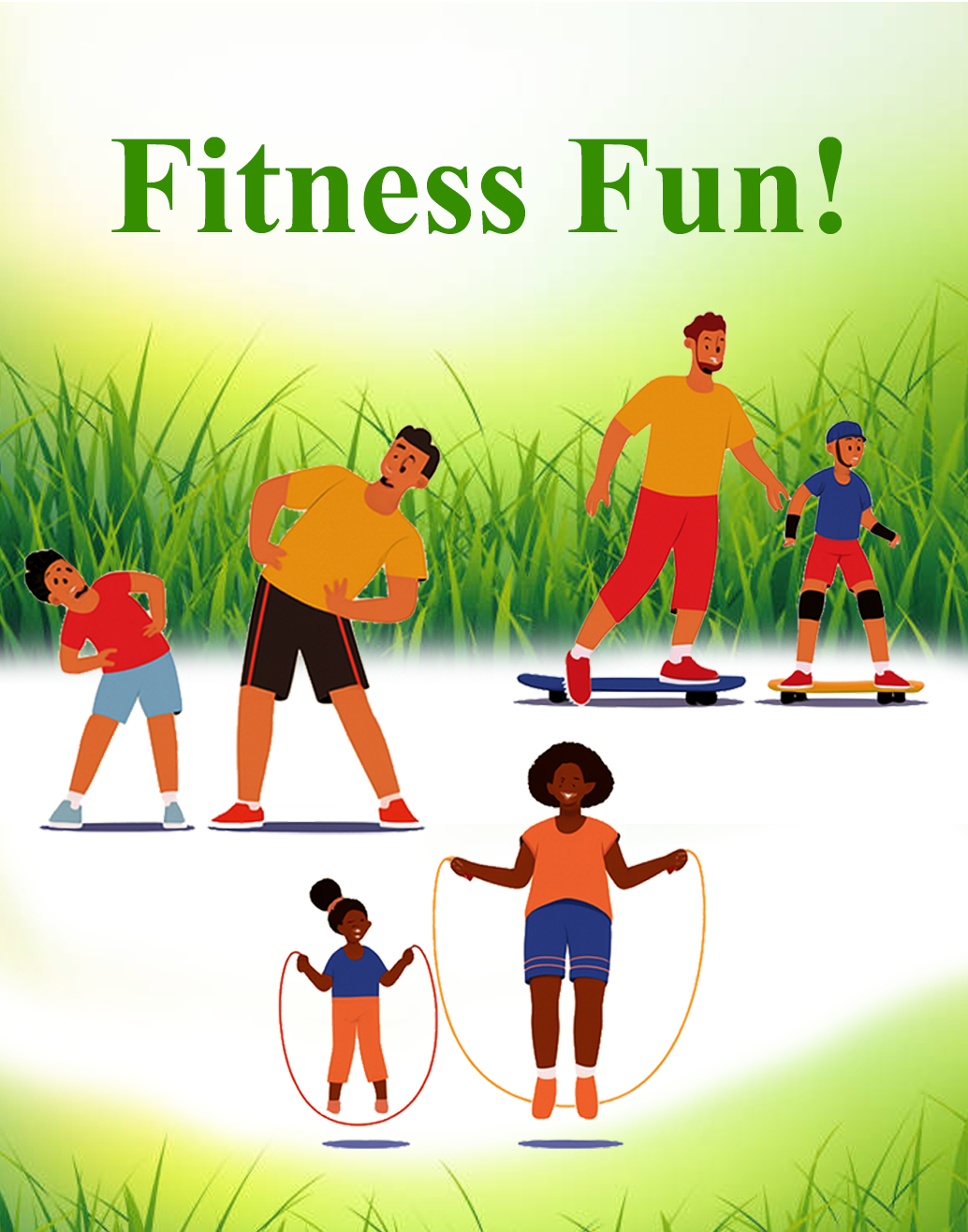 Fitness Challenge poster with kids and adults jumping rope, stretching, and skateboarding on a grassy background to promote a fun activity-based fundraiser.jpg