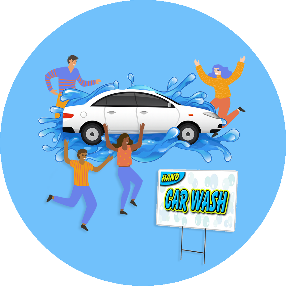 Group of volunteers hosting a hand car wash fundraiser with water splashes and a clean white car.jpg